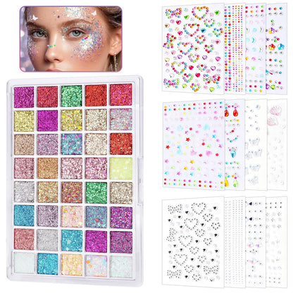 Face Glitter Face Gems, 40 Colors Glitter Makeup with 12 Sheets Face Jewels