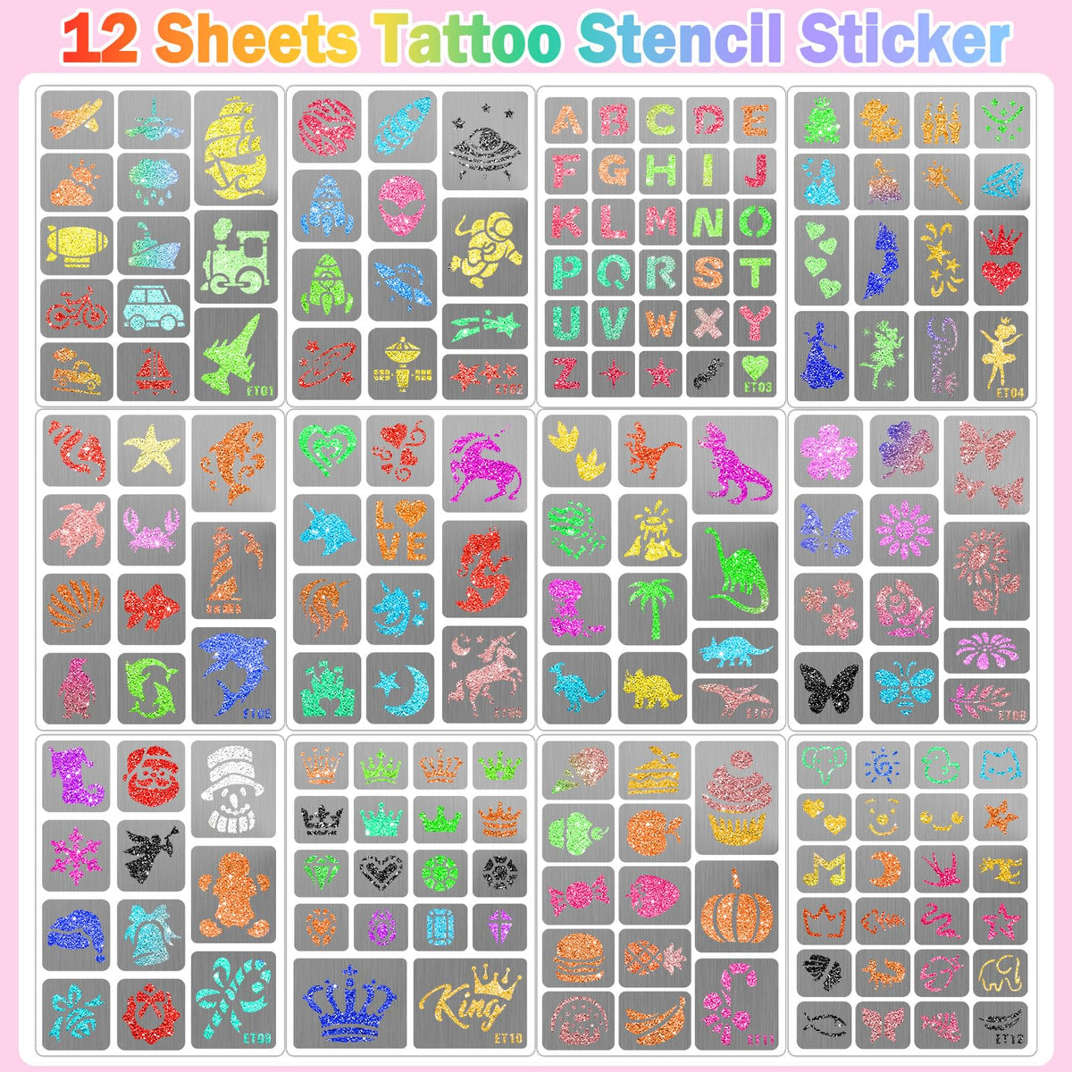 Yazhiji 183PCS Temporary Tattoo Stencils, Paint Stencils Kit on Face and Body, Girl Boy Glitter Tattoos Stencils Pack for Kids School Show Birthdays Halloween Christmas Party Favor Supplies