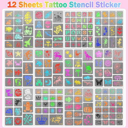 Yazhiji 183PCS Temporary Tattoo Stencils, Paint Stencils Kit on Face and Body, Girl Boy Glitter Tattoos Stencils Pack for Kids School Show Birthdays Halloween Christmas Party Favor Supplies