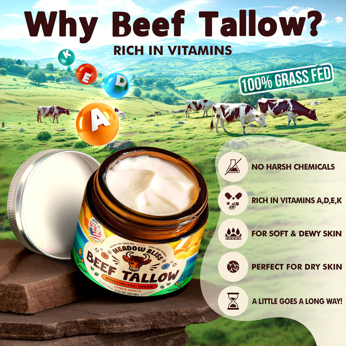 Beef Tallow for Skin - Moisturizer Cream - 100% Grass Fed - Whipped Beef Tallow - Organic Jojoba Oil - Organic Shea Butter - Supports Eczema, Rosacea+ - Made in USA - Citrus Breeze - 2 oz