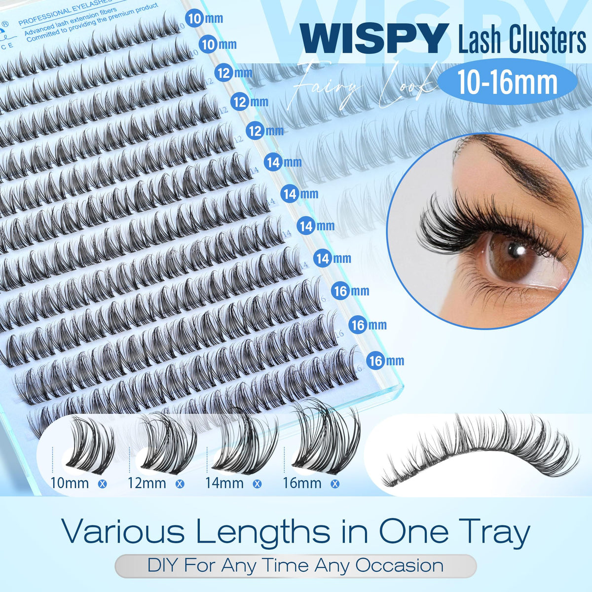 Pawotence Natural Lash Clusters Wispy Eyelash Clusters D-Curly Clear Band Lashes Clusters Eyelash Extensions, 10-16mm Ultra Thin Soft Band Eyelashes Clusters DIY Lash Extension