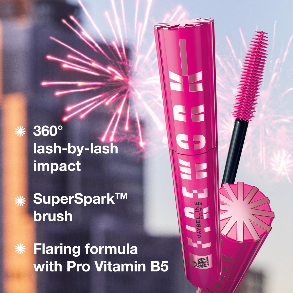 Maybelline Lash Sensational Firework Waterproof Mascara, Lengthening & Volumizing Mascara for up to 24HR wear, Very Black, 1 Count
