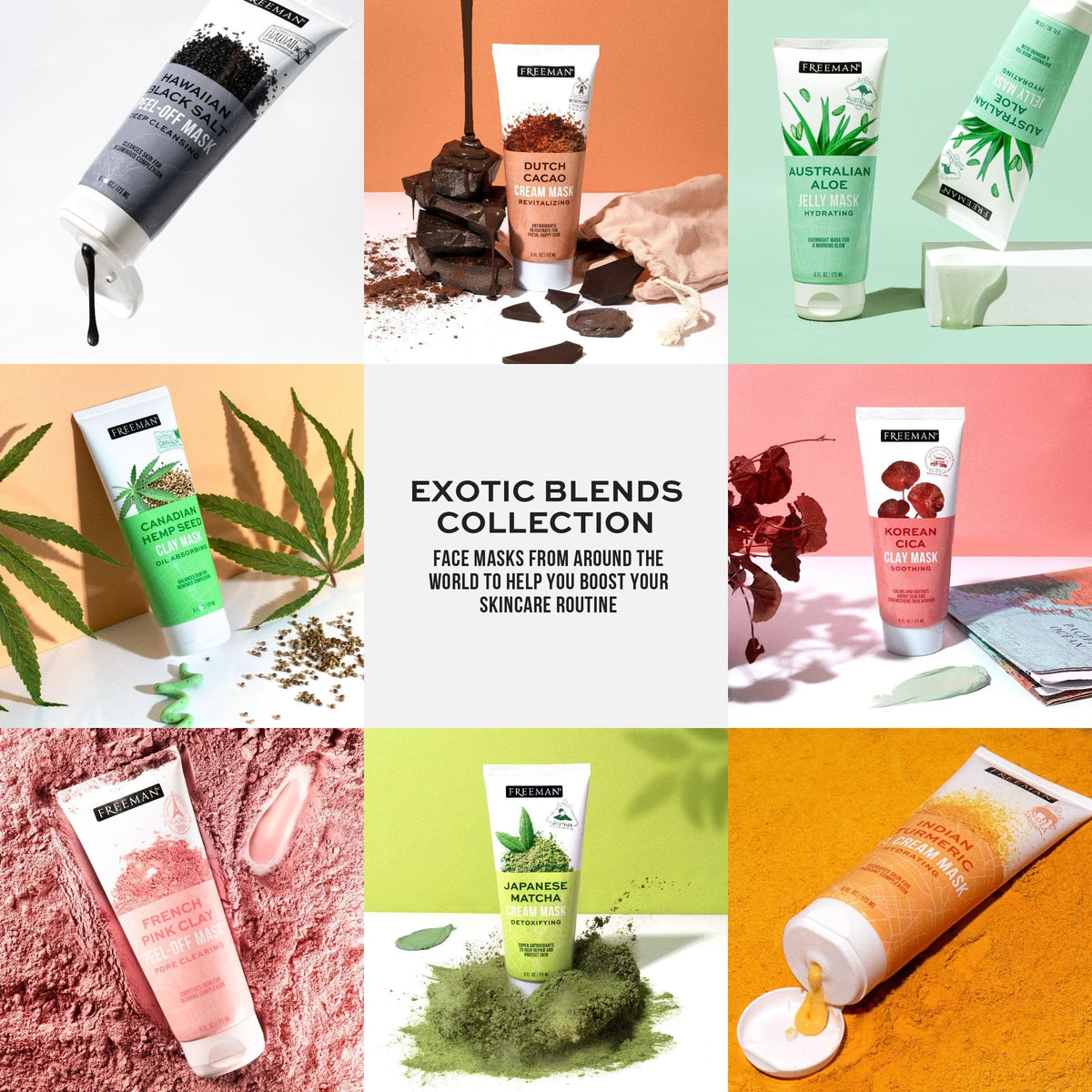Freeman Exotic Blends Facial Mask 4 Piece Set, Peel-Off & Jelly Masks, Cleansing, Pore-Clearing & Hydrating Facial Masks, For All Skin Types, Includes Silicone Mask Brush, Vegan & Cruelty-Free