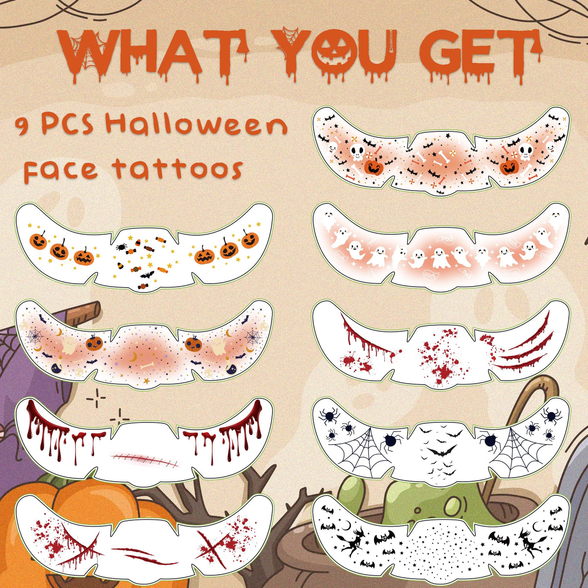 Halloween Party Favors - 9 Pack Black Bat Freckles Face Tattoos | Halloween Games Gifts Crafts Treats for Kids - Halloween Makeup Costumes Accessories Party Decorations Supplies for Women Adult 2026