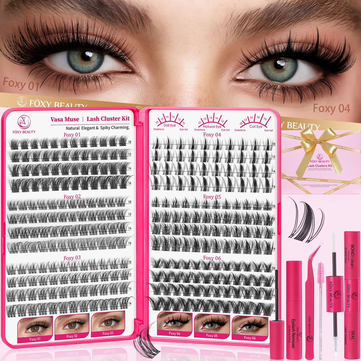 Foxy Beauty Lash Clusters Kit Lashes Wispy Lash Clusters Natural Eyelash Clusters Manga spikes Cluster Eyelash Extensions invisible Band Fairy Eyelashes with Lash glue & Seal remover tweezers 10-16mm
