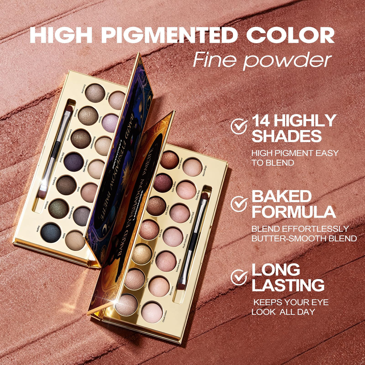 PRALOVIXAE 14-Color Baked Eyeshadow Palette, Matte & Shimmer, Sunset Blush