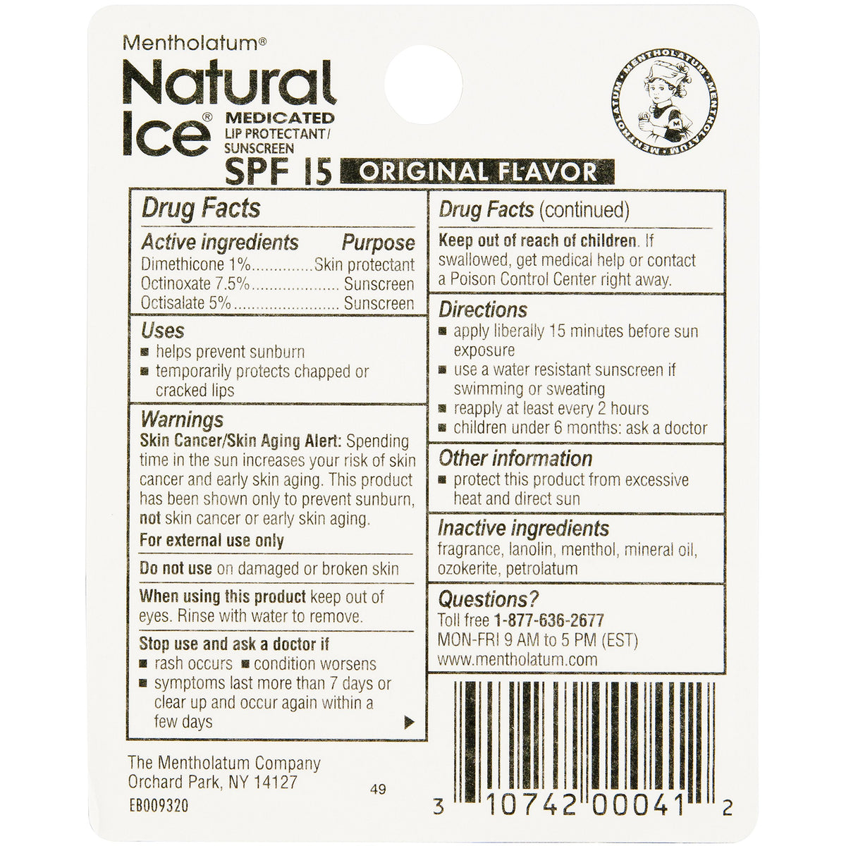 Mentholatum Natural Ice Original Medicated Lip Balm, Hydrating Lip Care for Dry, Chapped Lips, Moisturizing Formula with SPF 15 Helps Prevent Sunburn, Protection for Smooth, Soft Lips (Pack of 12)