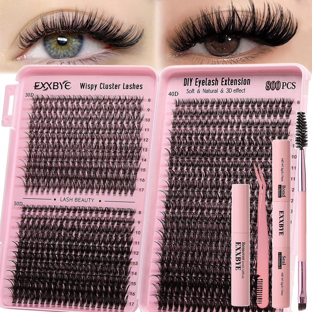 Wispy Lash Clusters Kit 800pcs Lash Extension Kit DIY Eyelash Clusters 30D&40D&50D Lashes Clusters 8-18mm With Lash Bond and Seal, Lash Tweezers, Lash Remover，Lash Brush