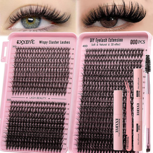 Wispy Lash Clusters Kit 800pcs Lash Extension Kit DIY Eyelash Clusters 30D&40D&50D Lashes Clusters 8-18mm With Lash Bond and Seal, Lash Tweezers, Lash Remover，Lash Brush