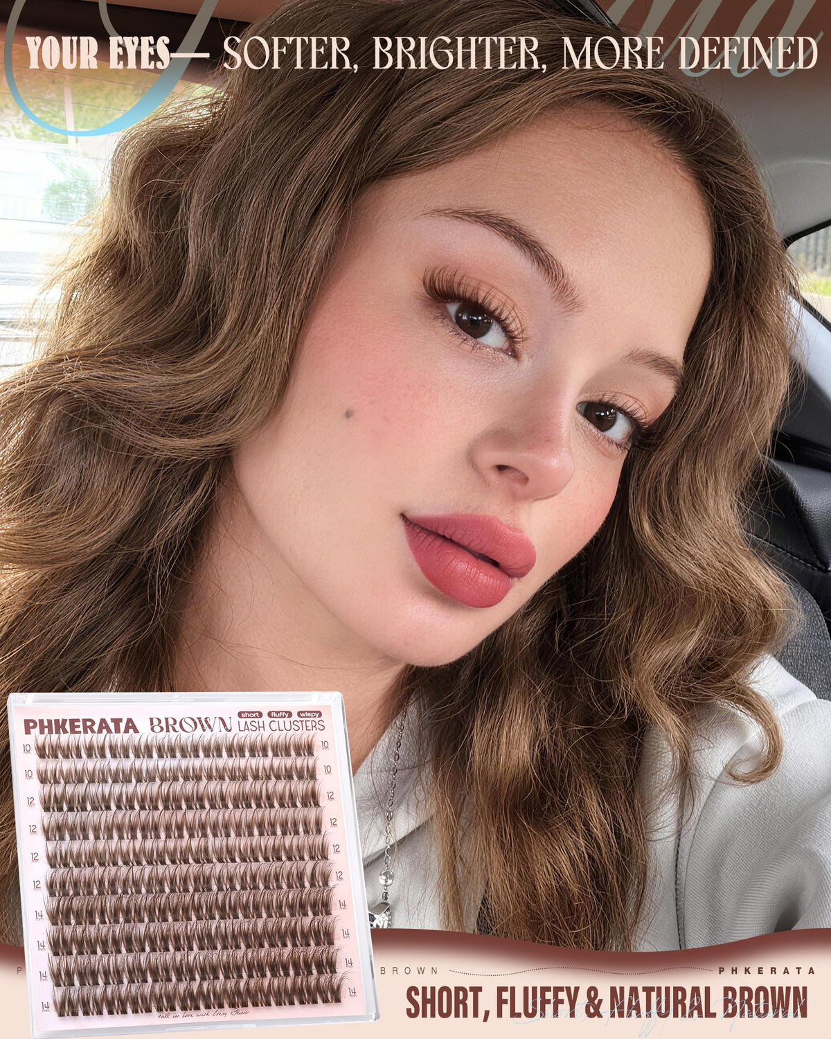 PHKERATA Short Brown Lash Clusters 10-14mm Wispy Eyelash Clusters Fluffy
