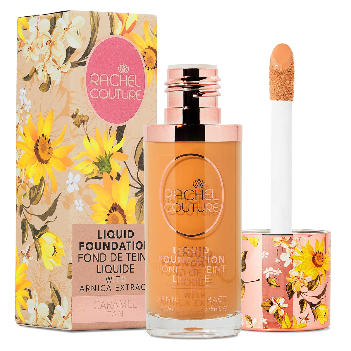 Rachel Couture Lightweight Liquid Foundation with Buildable Coverage & Matte Finish | Vegan & Cruelty-Free | Skin-Nourishing Arnica Extract Infusion - 1.18 Fl Oz - Caramel