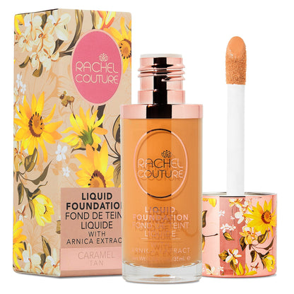 Rachel Couture Lightweight Liquid Foundation with Buildable Coverage & Matte Finish | Vegan & Cruelty-Free | Skin-Nourishing Arnica Extract Infusion - 1.18 Fl Oz - Caramel