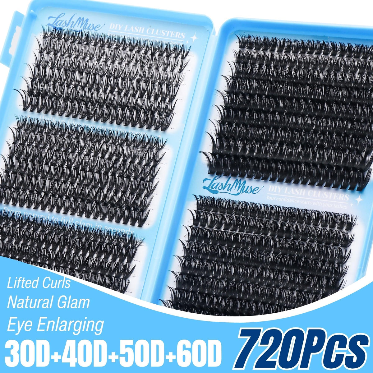 720Pcs Lash Clusters Kit Wispy Volume 30D 40D 50D 60D Cat‑Eye Doll‑Eye Look