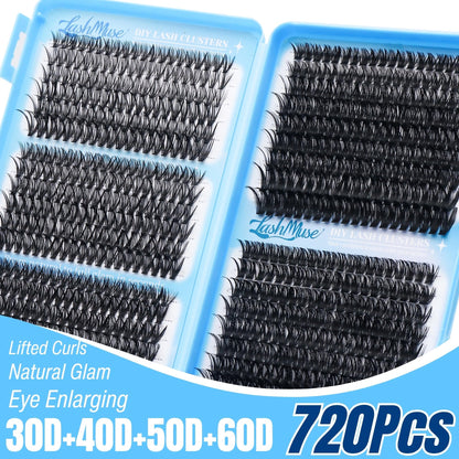 720Pcs Lash Clusters Kit Wispy Volume 30D 40D 50D 60D Cat‑Eye Doll‑Eye Look