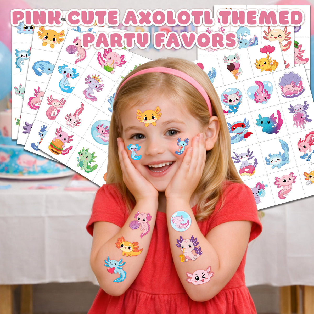 120 PCS Pink Cute Axolotl Pre-Cut Temporary Tattoos for Kids
