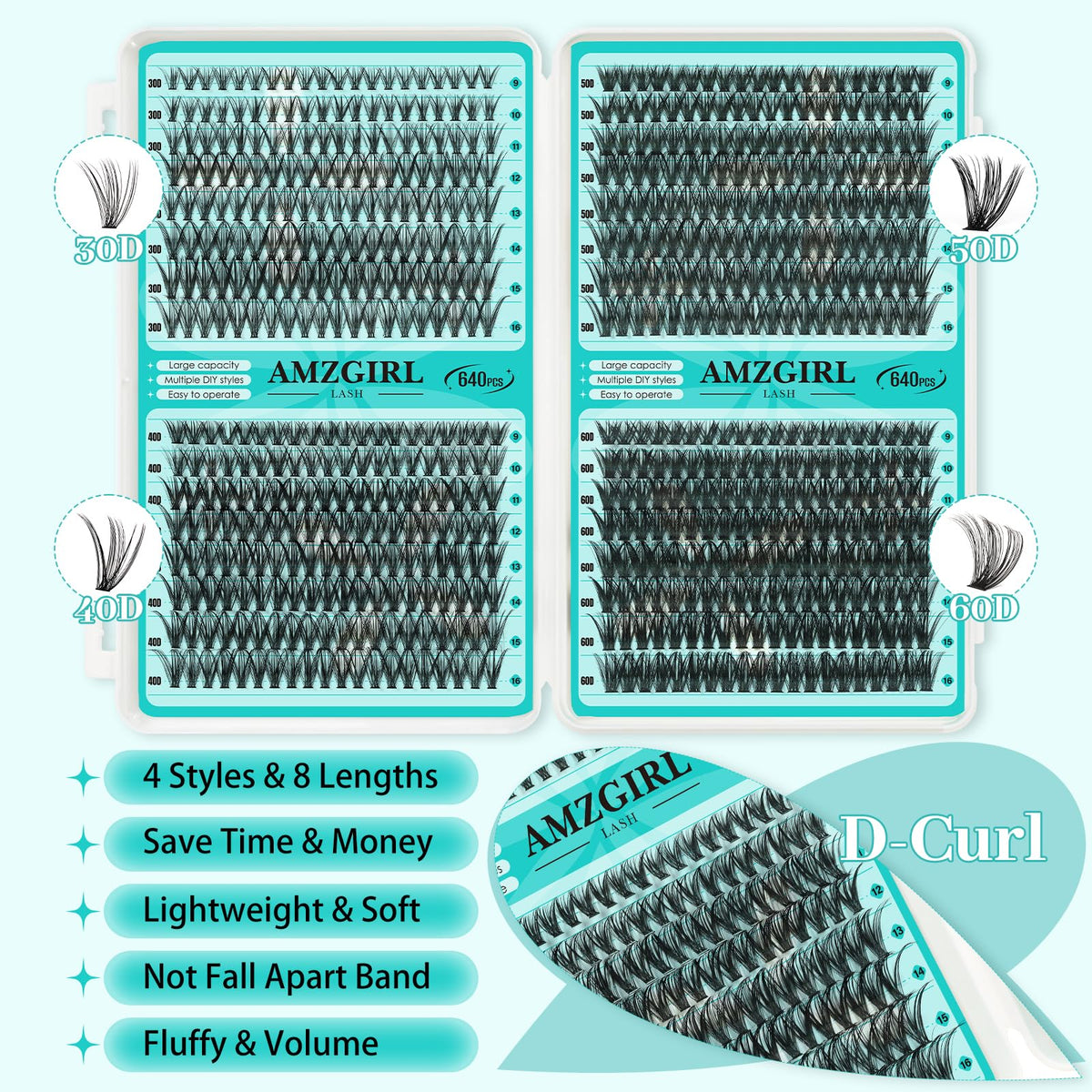 AMZGIRL Lash Clusters Kit 640Pcs, 9-16mm Mix Lashes, 30D+40D+50D+60D