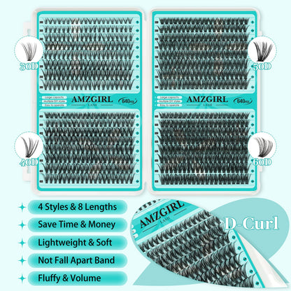 AMZGIRL Lash Clusters Kit 640Pcs, 9-16mm Mix Lashes, 30D+40D+50D+60D