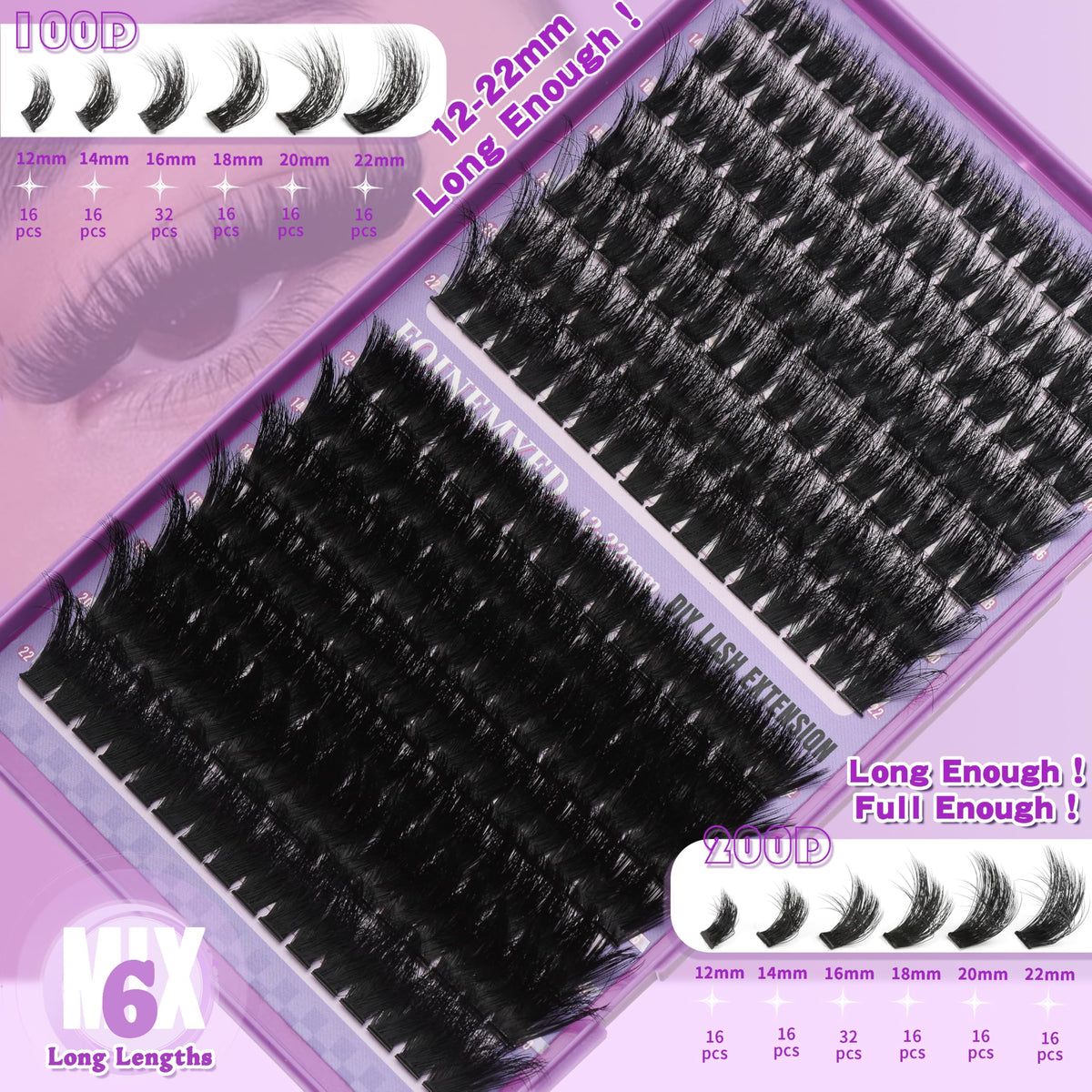 Lash Clusters 100D+200D Thick Volume Eyelash Clusters 12-22mm Long Cluster Lashes Eyelash Extensions Individual Lashes Clusters DIY at Home Eyelashes D Curly Lash Extension by FOINEMYED