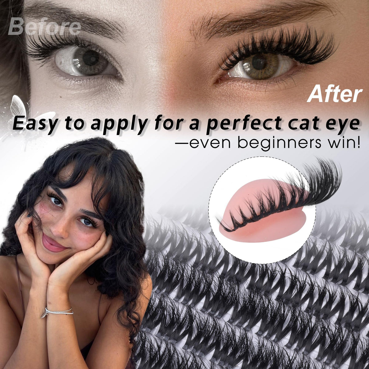 Fluffy Lash Clusters Wispy Lashes Clusters Downy Cluster Eyelash Extensions Volume Eyelash Clusters 8-16mm Faux Mink D-Curly Spider Lash Extensions Invisible Band Eyelashes Clusters