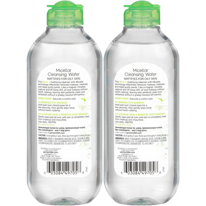 Garnier Micellar Water for Oily Skin, Facial Cleanser & Makeup Remover, Mattifying, For All Skin Types, Vegan, Cruelty Free, 13.5 Fl Oz (400mL), 2 Count